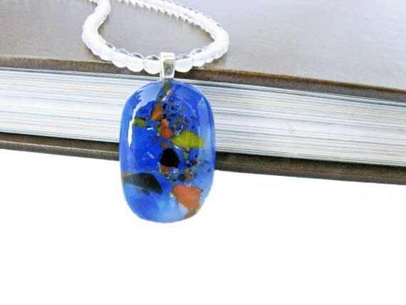 Fused  Glass Pendant Necklace Orange Yellow pink Brown Clear Beads