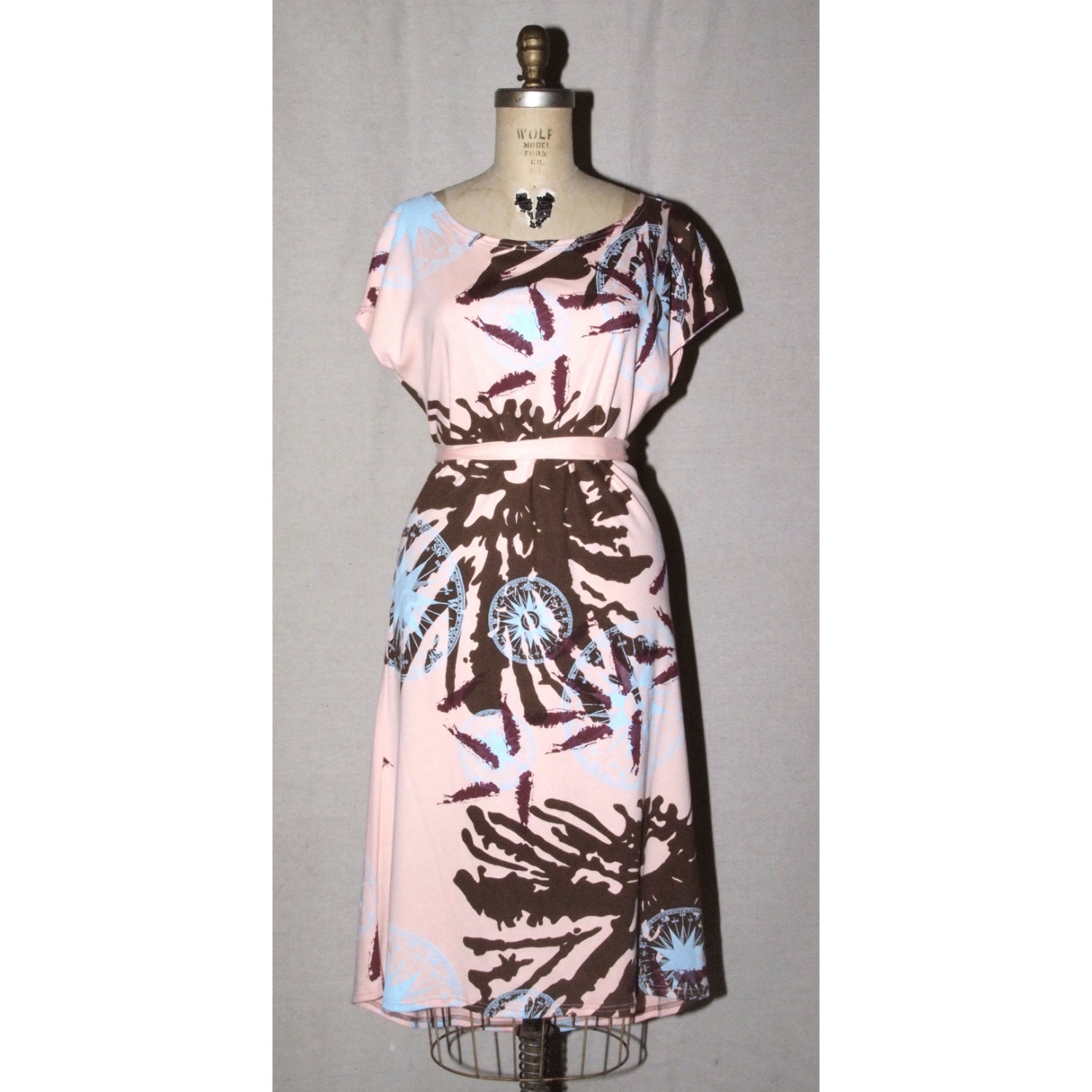 Peach Long Cotton Jersey T Dress Scoop Neck brown, blue, and maroon print