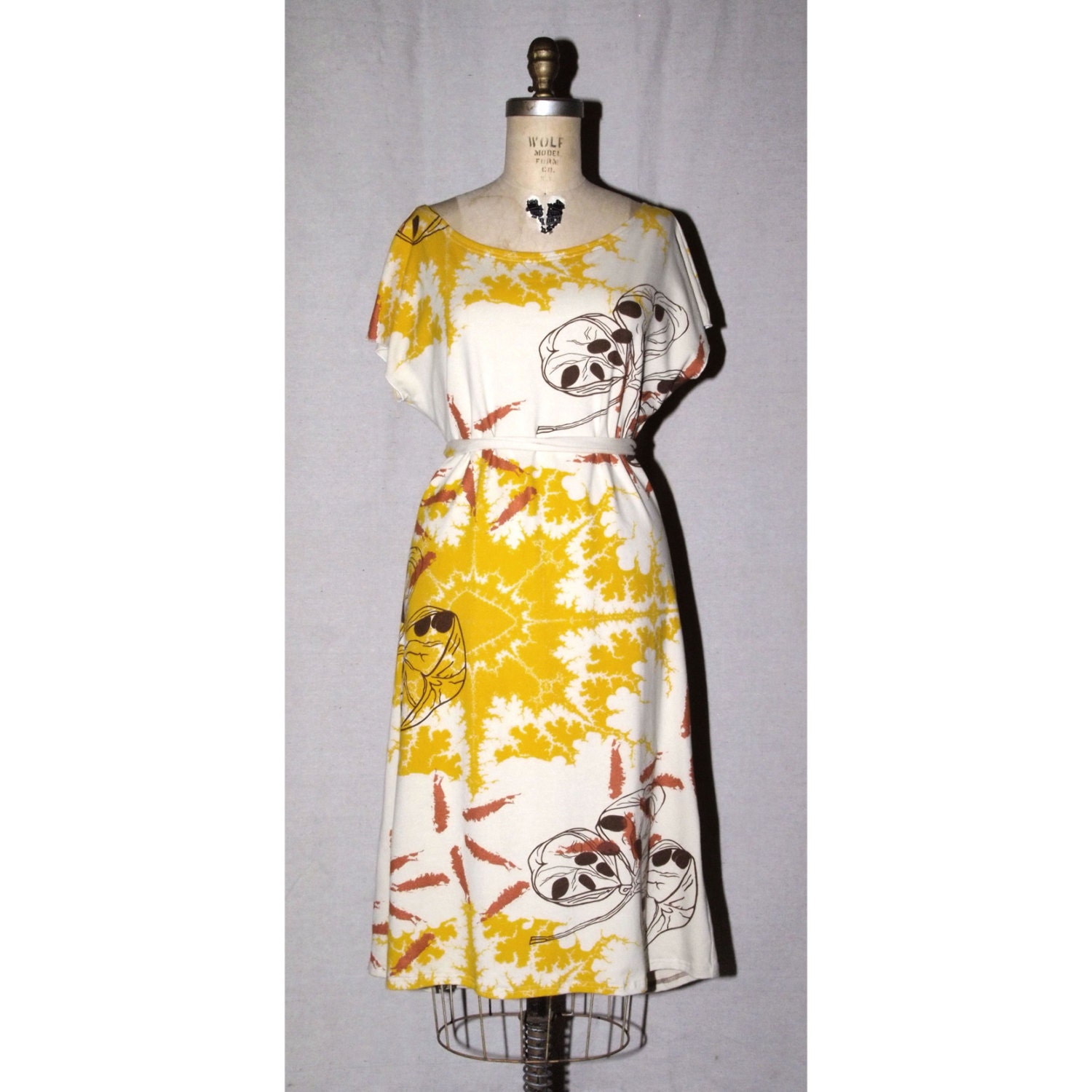 Tan Long Cotton Jersey T Dress Scoop Neck yellow, metallic bronze, and brown print