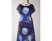 Purple Long Cotton Jersey T Dress Scoop Neck red, light blue, and lime green print