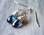 London Blue Topaz Earrings Sterling Silver Gemstones Wire Wrapped Navy Deep Dark