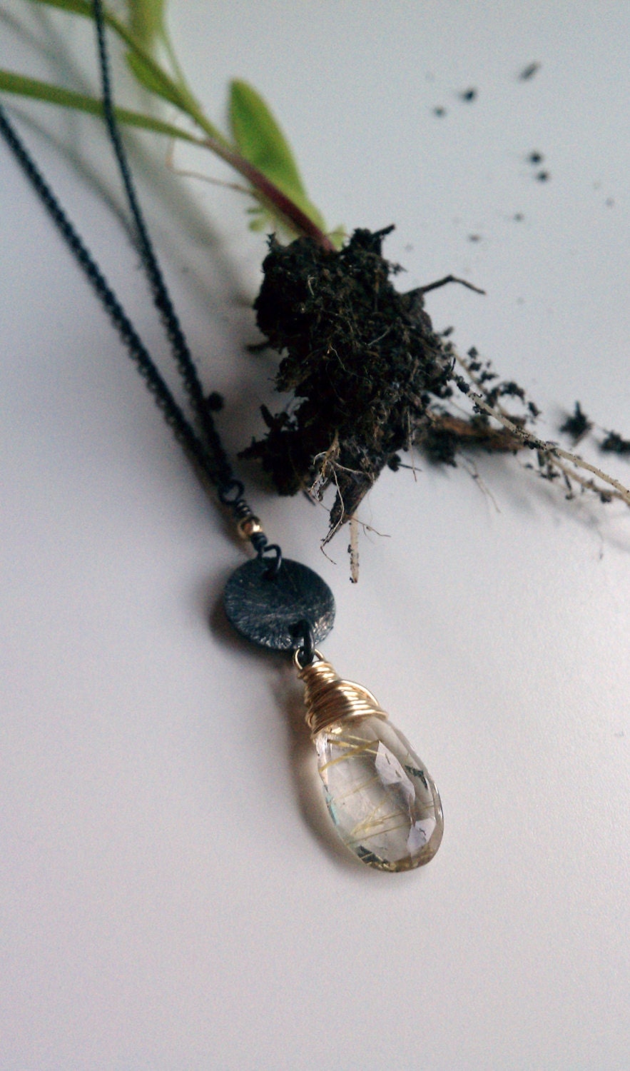 Grass Roots Rutilated Quartz on Oxidized Sterling Silver Necklace