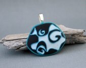 Polymer clay pendant. Black, pearl, turquoise. Swirls. Swirly. Trapezoid.