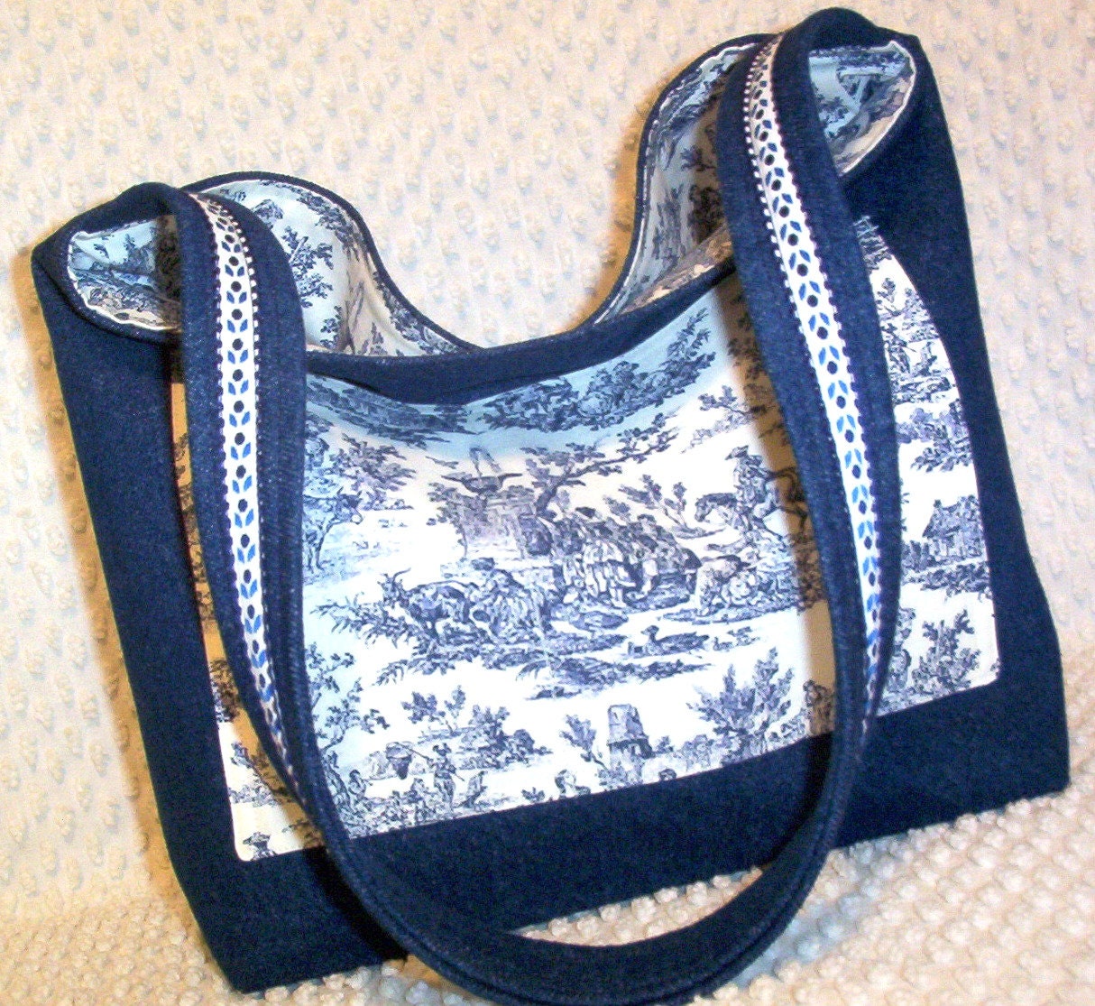 Large Flea Market Tote Denim Tote Bag Navy Blue Denim and French Parisian Toile Hobo Bag Library Bag Carry All Tote