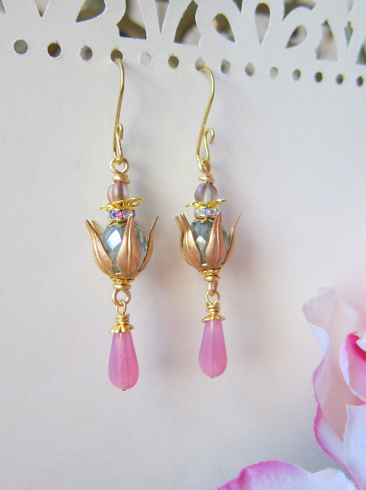 Golden Lotus Earrings - Rosy Pink and Seafoam Green - Pastel Floral Earrings