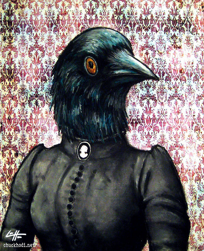 Print 8x10" - The Bird Lady - Raven Victorian Dark Art Spooky Creepy Edwardian Edgar Allan Poe Steampunk Gothic Fantasy Surreal Cameo