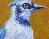 Blue Jay Oil Painting, Original Bird on Canvas, Small 4x6 Wildlife Painting, Wall Decor, Bird Portrait, Woodland Creature
