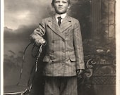 vintage photo 1911 Boy in New Wool Suit Button Boots Studio Portrait RPPC