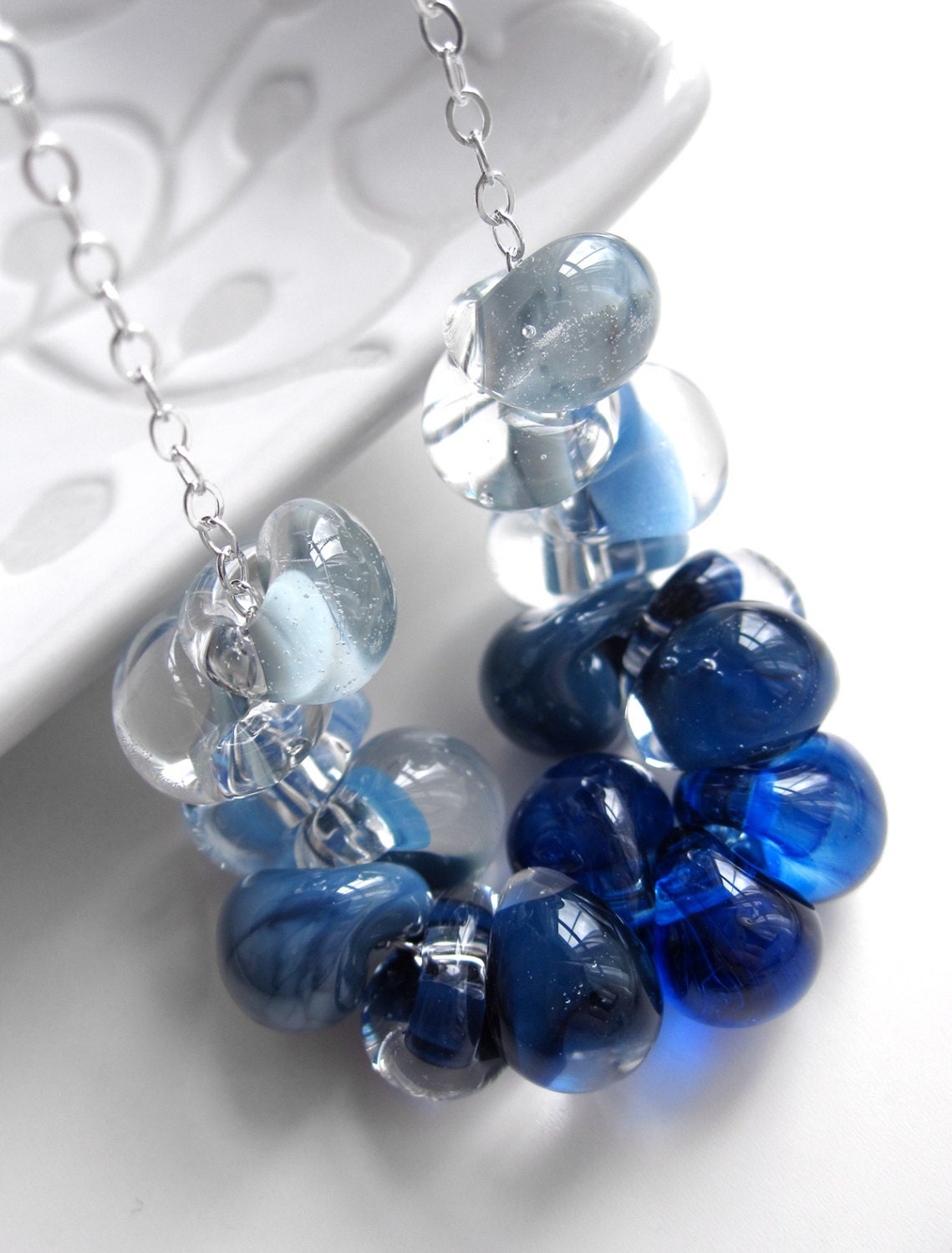 Blue Ombre Gradient Glass Drop Necklace - Cobalt Blue, Navy Blue, Sky Blue, Baby Blue Glass Necklace, Lampwork Glass Beads, Modern Jewelry