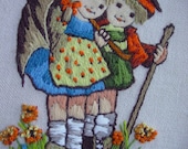 Hummel Crewel Embroidery - Framed -Umbrella Kids After the Rain- 1976 Paragon No. 0364