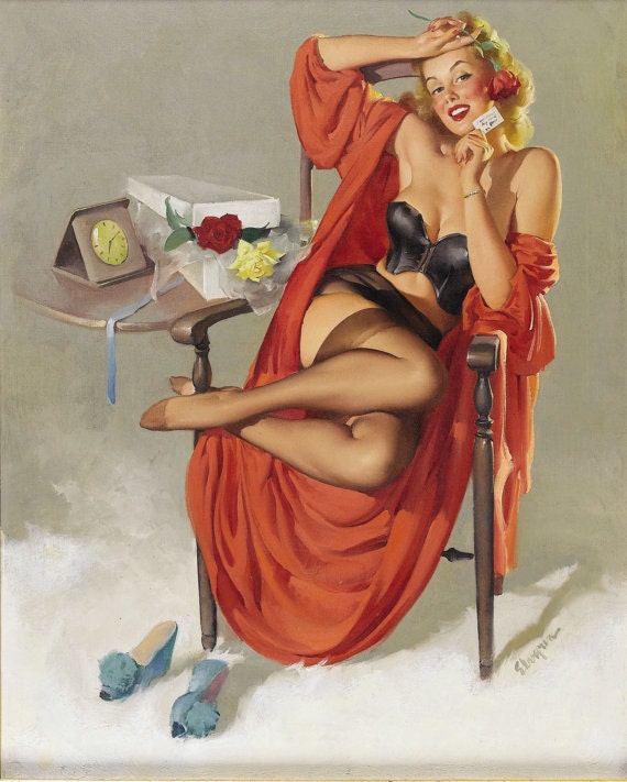 12x18 Elvgren VALENTINE ROSES and LINGERIE - Marilyn Retro up skirt Pinup - Stockings Nylons pin-up Panties Vintage Dress Fantasy Signed art