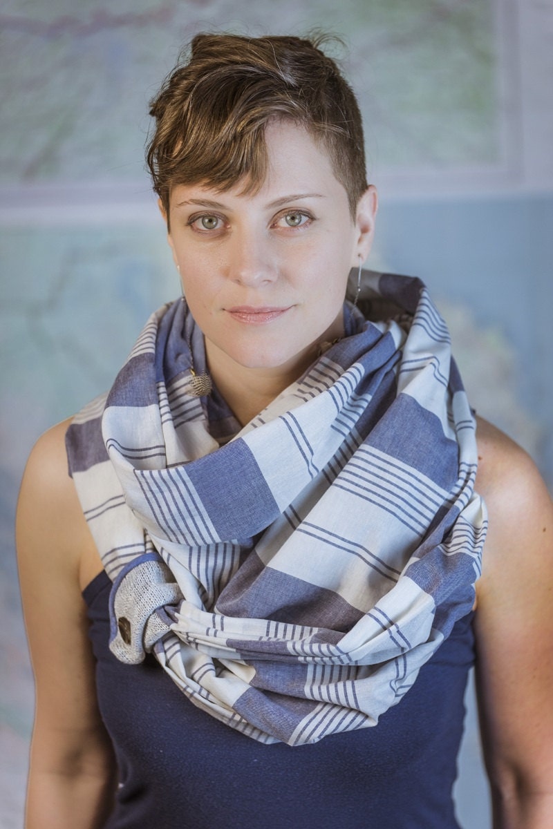 lightweight summer stripes - infinity scarf, spring shawl, draped hood, and nursing cover. WHITE and PALE BLUE.