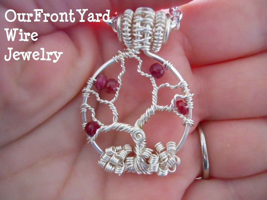 Tree of Life Pendant Ruby Beads Wire Wrapped in Silver Parawire