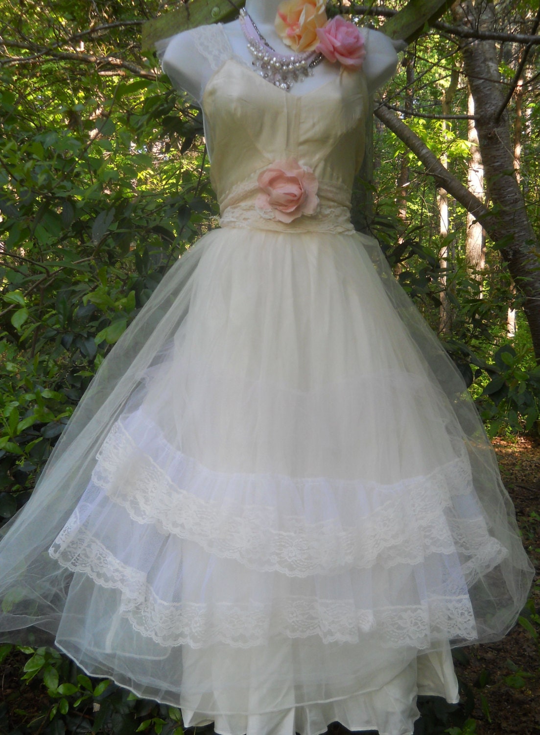 White tulle dress silk  lace wedding  bridesmaid romantic rose medium by vintage opulence on Etsy