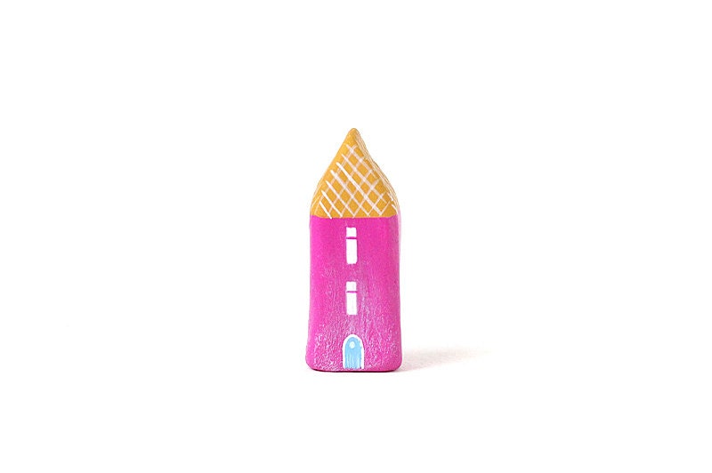 Little Home No 373 - Little clay house - pink house with ochre roof with white stripes