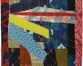 1.27.2013 small art quilt, contemporary, abstract, textile drawing, haiku, indigo, citron, rust, blue, red, black, coral, purple