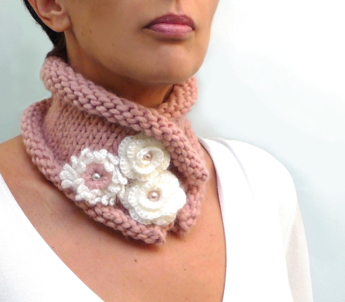 Knit dusty pink scarf, chunky neckwarmer with white flowers and pearls - POSY