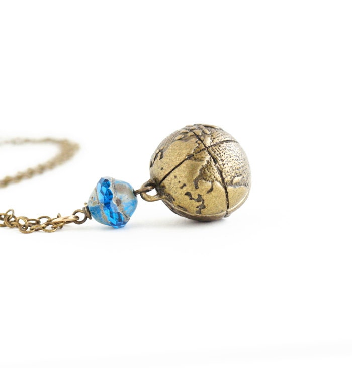 Traveler's Necklace, Brass Globe and Azure Glass Bead Charm Necklace