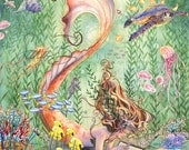 Mermaid Sealife Art Print Golden Tangerine Orange Reading