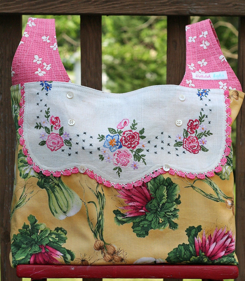 Organic Veggies and Vintage Embroidered Doily  .. Flea Market or Grocery Shopping Market Tote Bag