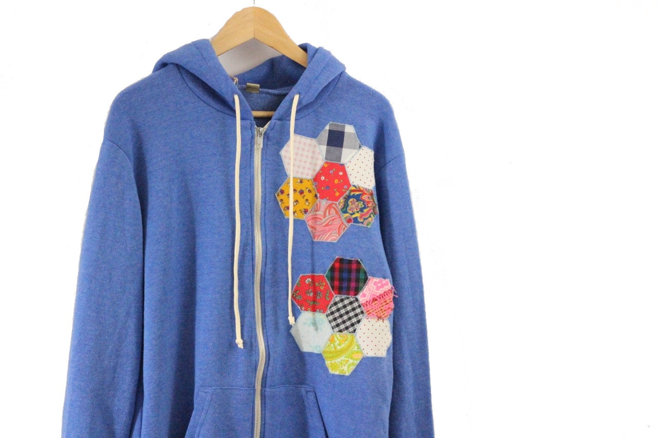 Blue Hoodie Unisex Floral Applique Hexagon Vintage Fabrics Alternative Apparel Sweatshirt Extra Large // One of a kind // by Nicoles Threads