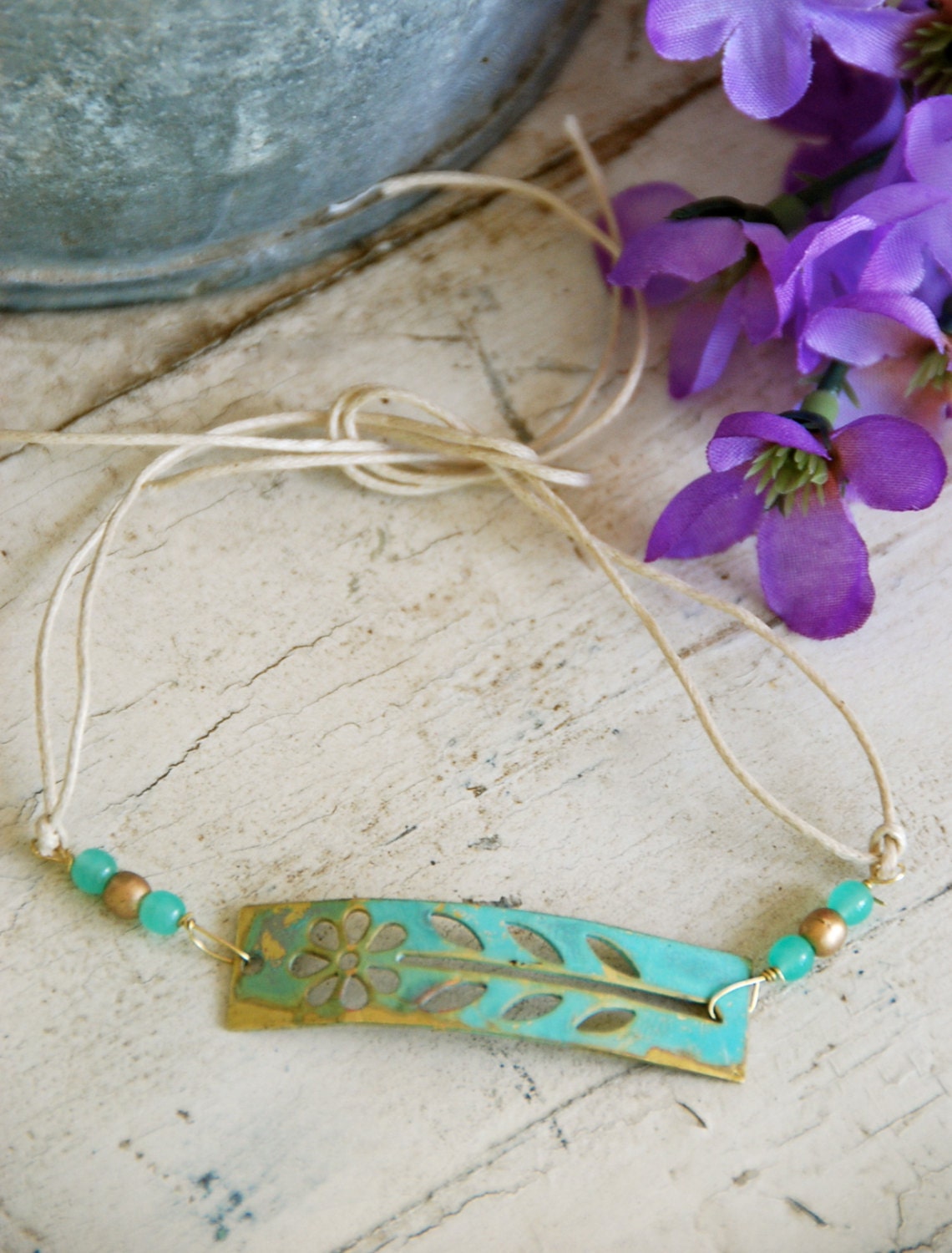In my garden. floral brass patina charm string bracelet. tiedupmemories