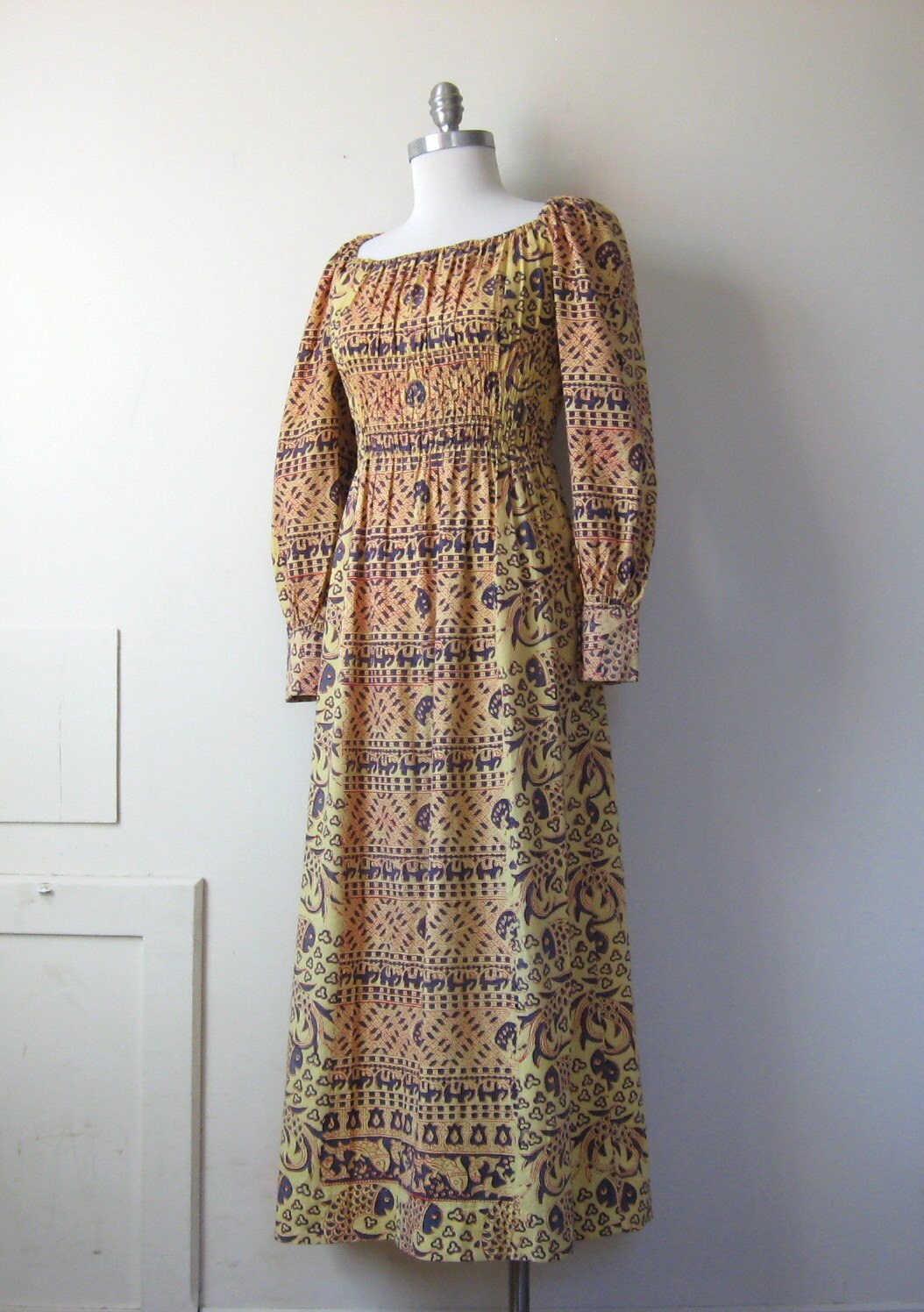 India Maxi Dress Vintage 60s 70s Geometric Flora & Fauna Block Print Maxi
