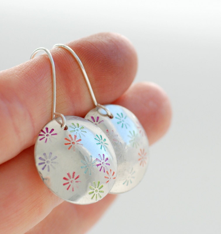 Silver Earrings, Stamped Earrings, Metalwork, Flower Earrings, Rainbow, Whimsical Jewelry, Sterling Silver Disc Earrings -Bloom