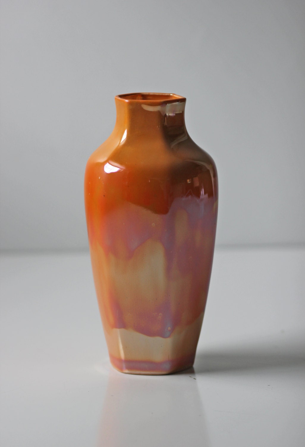 orange iridescent luster glazed floral vase made in USA