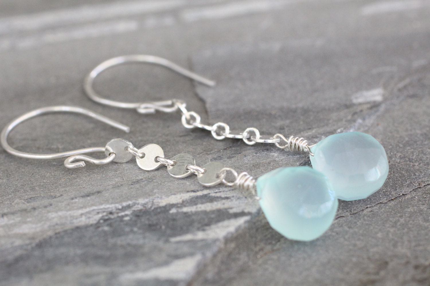 Disc Chain Dangle Earrings. Aqua Blue Chalcedony Gemstone Drop Earrings. Sterling Silver