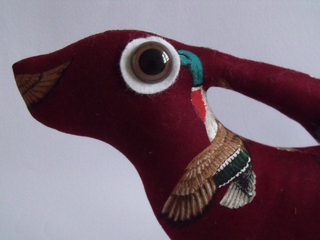 Mother Hare Aphelion Soft Sculpture hare plush fabric bunny rabbit ornament pillow ducks flying birds red burgundy feather wings