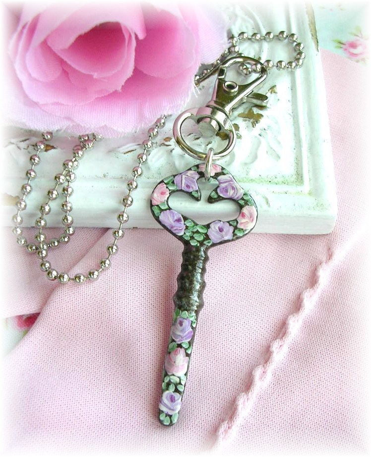 Antique Sewing Machine Key Necklace Hand Painted Pink Purple Roses Flowers Shabby Chic Bag Charm Necklace OOAK