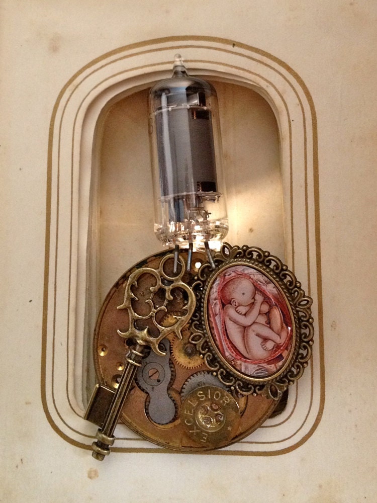 White LED jewelry - steampunk jewelry - vacuum tube assemblage pin - steampunk cameo jewelry