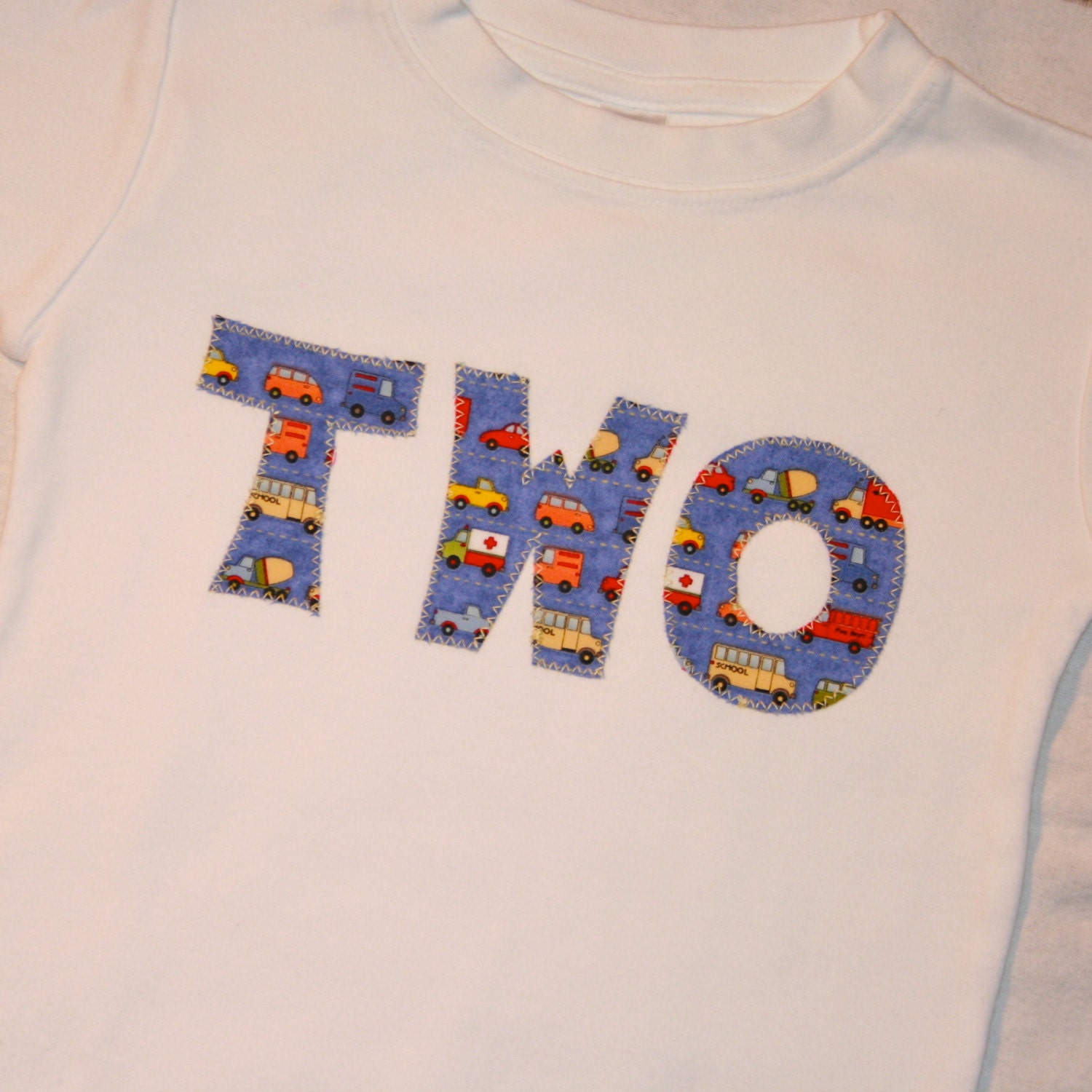 Boys Second Birthday TWO shirt - 2T short sleeved - lettering in cars and trucks blue red yellow orange