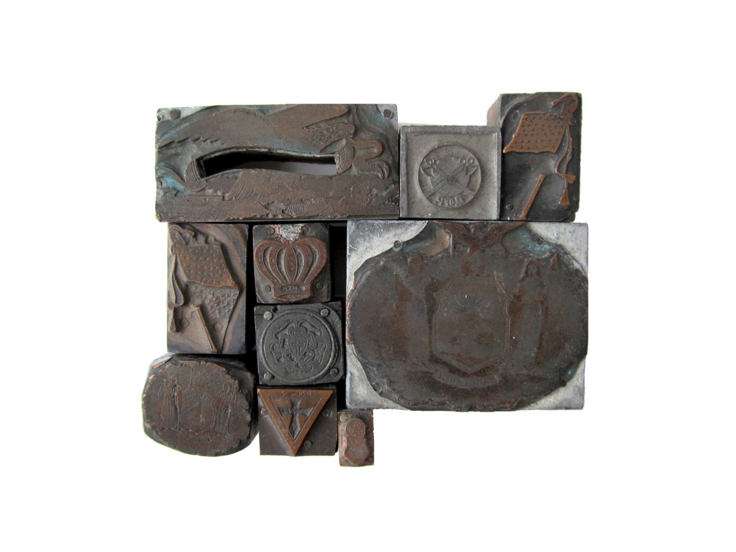Vintage EMBLEMS & INSIGNIA Print Blocks - Set of 10 Assorted Printer Blocks