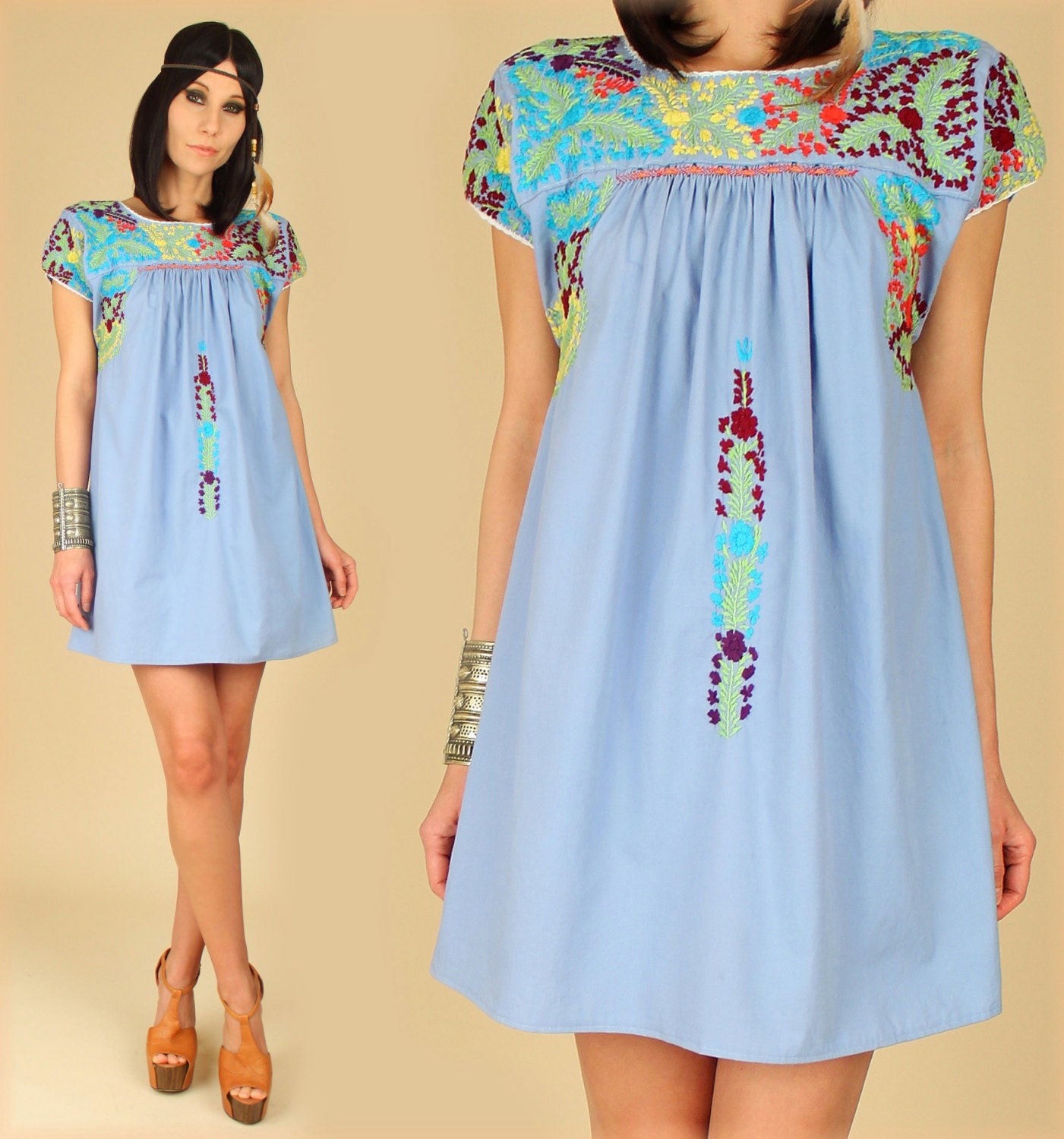 ViNtAgE 70's Floral OAXACAN Artisan Hand Embroidered Mexican MiNi Dress S