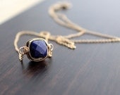 Lapis Lazuli Necklace In 14K Gold Filled, Bezel Style Wire Wrapped, Minimalist Navy Blue Fashion