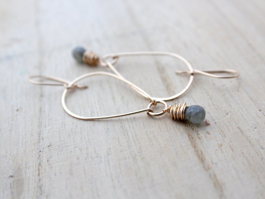Sapphire Earrings, Chandelier Teardrop Hoops in 14k Gold Fill, Gray Blue Gemstone - Parachute