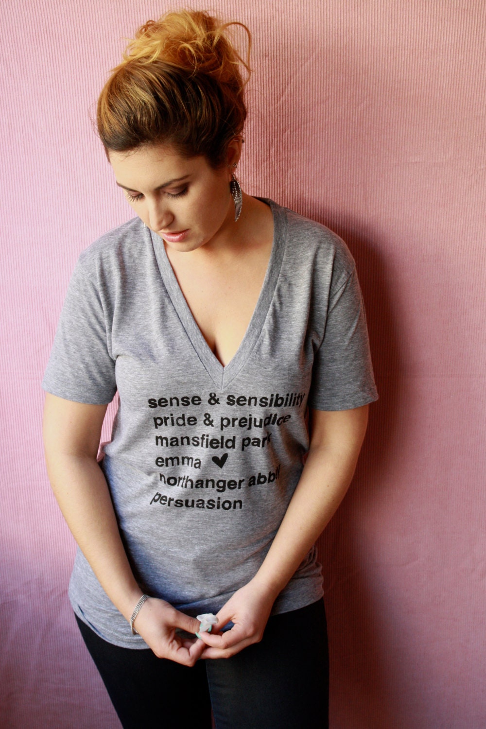 Jane Austen Novels. XS Unisex Deep V-neck T-shirt American Apparel in Grey