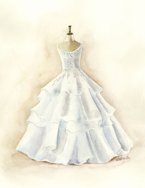 white layered wedding dress watercolor painting 8.5x11 PRINT