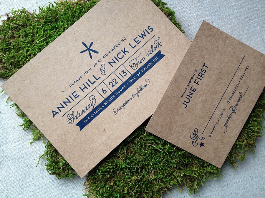 Modern Starfish Beachy Kraft Wedding Invitation