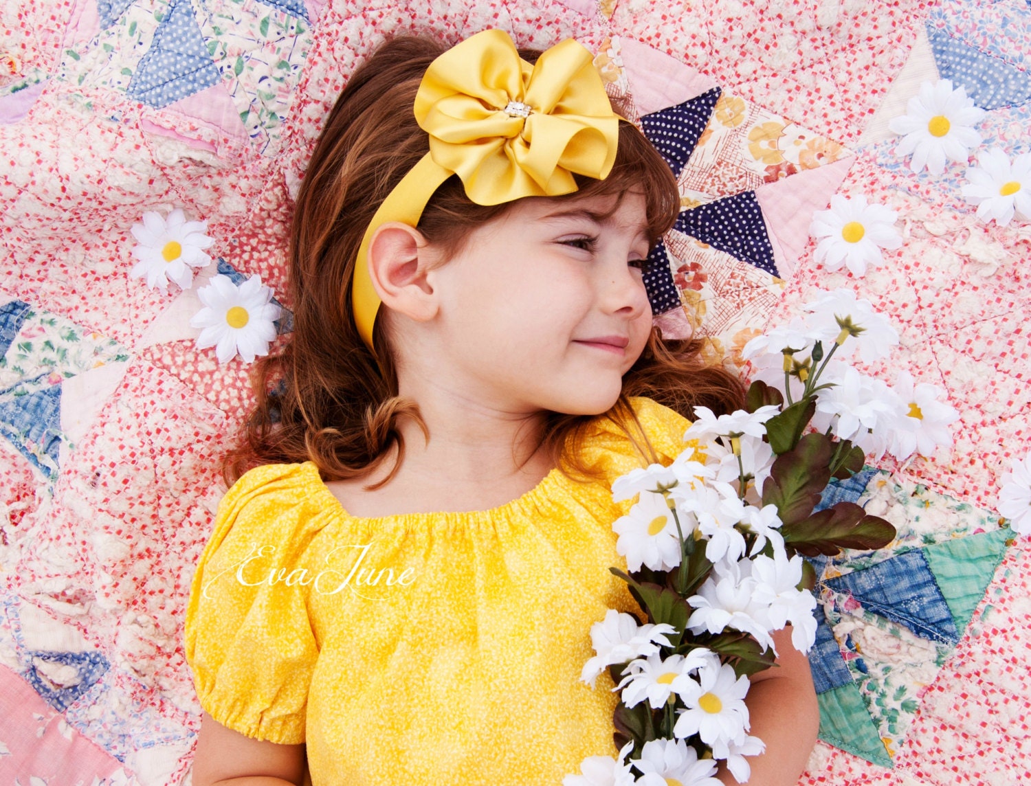 Yellow Flower Headband, Flower Girl Sash, Pushing Daisies.