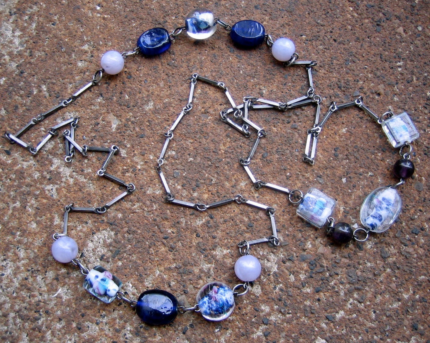 California Dreaming Necklace - Recycled Vintage Chain and Beads in Cobalt Blue, Purple, Lilac and  Clear with Splashes of Aqua and White