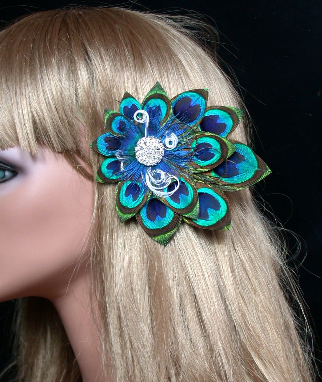 Peacock Queen Feather Hair Piece - Rhinestone Bling -Ready to Ship