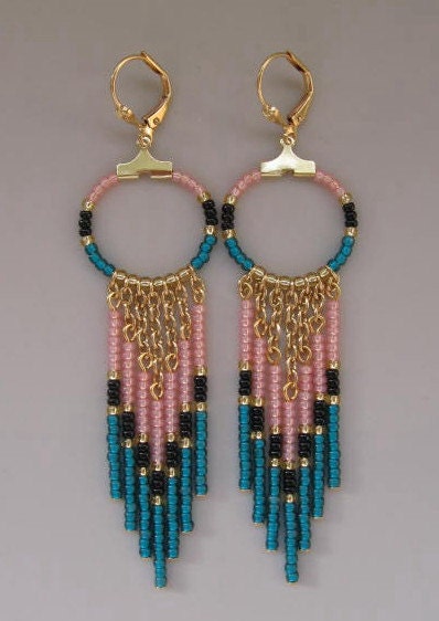 Seed Bead Chain Hoop Earrrings - Light Peach/Dark Teal