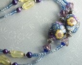 Beaded ID Badge Lanyard, Polymer Clay Blue, Purple and Yellow,  Breakaway Style