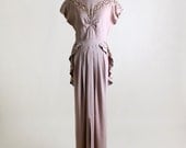 Vintage 1940s Dress - Light Lavender Gray Sequin Peplum Flounce Gown - Medium Small