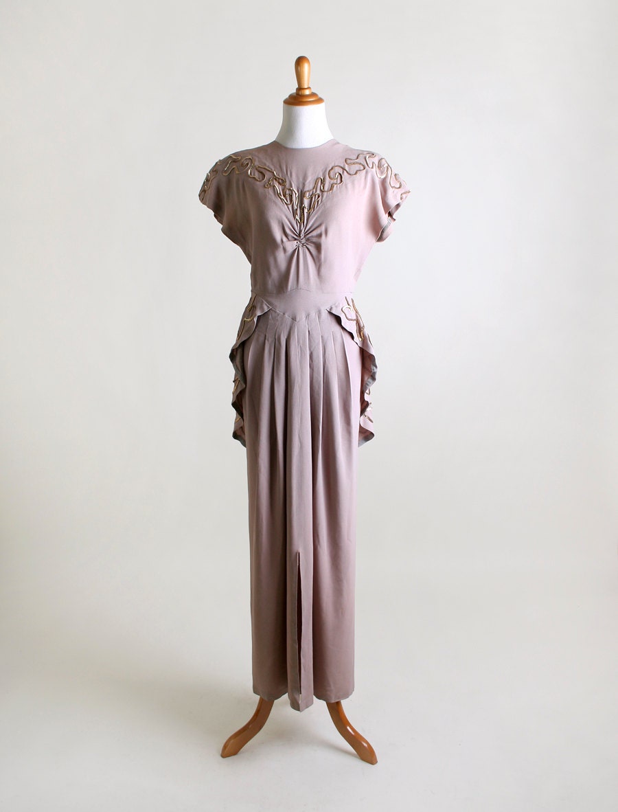 Vintage 1940s Dress - Light Lavender Gray Sequin Peplum Flounce Gown - Medium Small
