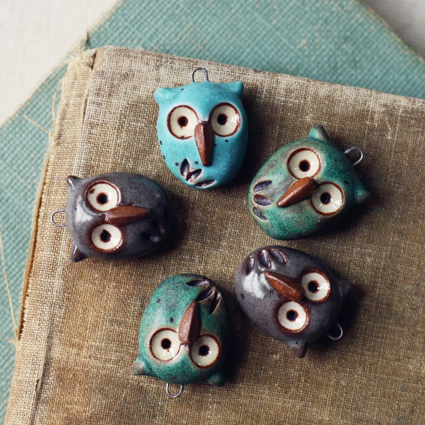 Hoot owl charm- copper patina- handmade ceramic charm- ONE