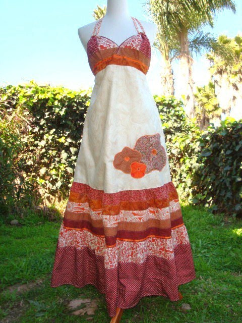 Stunning One of a KIND Dress Red Orange Cream Paisley Maxi Dress Hippie Boho Patchwork Flower Applique by designer elyse oRiGiNaLs